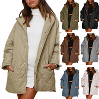 Damen Casual Kapuzen-Steppjacke Mittellang mit Druckknöpfen Locker Sitzender Warmer Wintermantel mit Seitentaschen