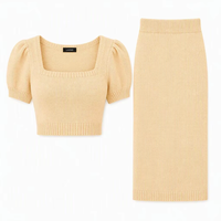 Ensemble décontracté pour femme en tricot géométrique, haut court à manches bouffantes, col carré, jupe crayon mi-longue taille haute côtelée 100% coton respirant