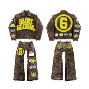 <span class=keywords><strong>Giacche</strong></span> di <span class=keywords><strong>Jeans</strong></span> Personalizzate Lavaggio Sfumato Stile High Street Americano Vintage da Coppia per Uomo e Donna - Product Image 2