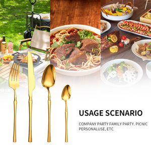 Ensemble de couverts en acier inoxydable doré à manche courbé, 4 pièces, couteau à steak, fourchette, cuillère, couverts modernes de style occidental avec boîte cadeau personnalisée - Product Image 2