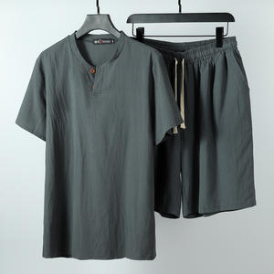 Set corti da <span class=keywords><strong>uomo</strong></span> in <span class=keywords><strong>lino</strong></span> di cotone in due pezzi Vetements personalizzati Pour Hommes Complet da <span class=keywords><strong>uomo</strong></span> in due pezzi pantaloncini Vetements D'ete Pour Hommes - Product Image 5