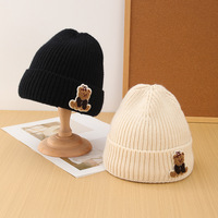 Bonnet en tricot jacquard style coréen automne/hiver avec motif ours, mélange de laine, doublure polaire extra-épaisse pour femme adulte