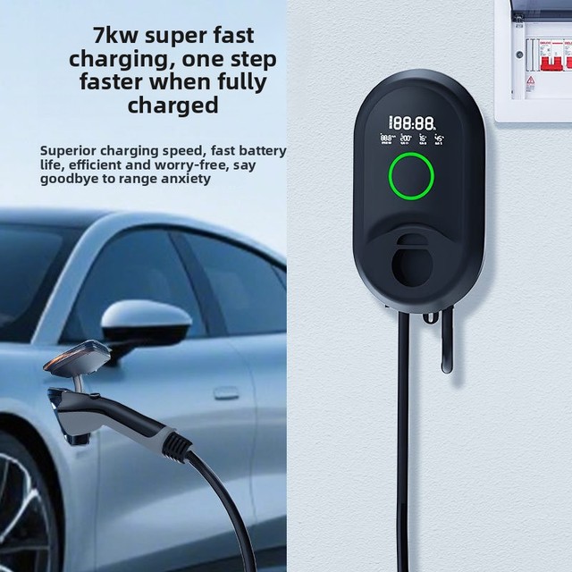 7kW AC 220V Home EV Charger Screen Card-swipe Charging Gun Universal 32A Wall-mounted Black GBT20234.2-2015 Commercial Use