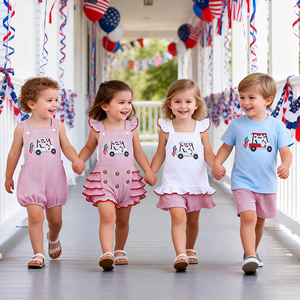 Baby Girl Dresses 4th of July Clothes for Girls Seersucker Custom logo Matching <strong>Family</strong> <strong>Outfits</strong> Kids Boys Clothing Sets - Product Image 2