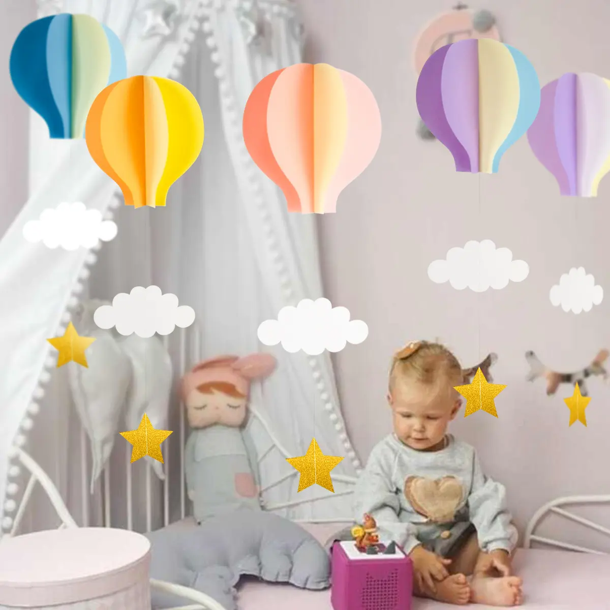 Décorations de fête d'anniversaire de fête prénatale de mariage Décorations en papier 3D Ornements suspendus en forme de nuage de montgolfière
