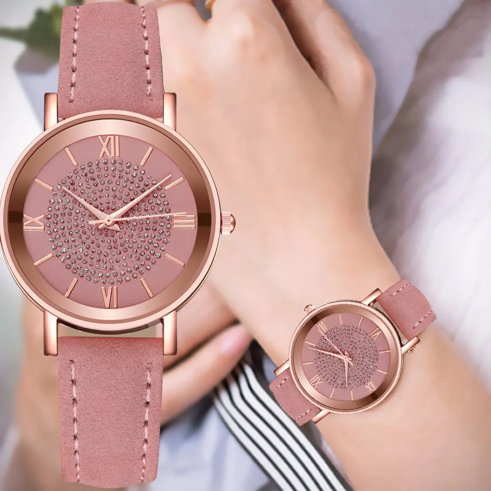 Relógio feminino, nova moda céu estrelado relógios para mulheres moda relógio de pulso com escala romano strass de couro para mulheres relógio de quartzo
