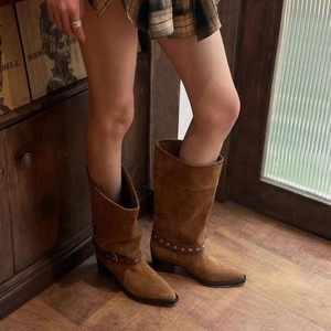 Nuovi Stivali Western Marroni Impilabili Invernali, Vendita all'Ingrosso, Stivaletti da <span class=keywords><strong>Donna</strong></span> con Punta Affusolata e Tacco Grosso - Product Image 2
