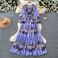 Robe longue décontractée pour femme, coupe trapèze, col en V, manches lanternes, imprimé floral, patchwork de dentelle, ceinturée, élégante, pour soirée et vacances