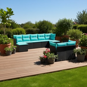 Conjunto de Sofá de Jardín de Ratán Negro con Estructura de Acero con Recubrimiento en Polvo, Muebles de Patio Acolchados para 7 Personas, Estilo Contemporáneo - Product Image 2