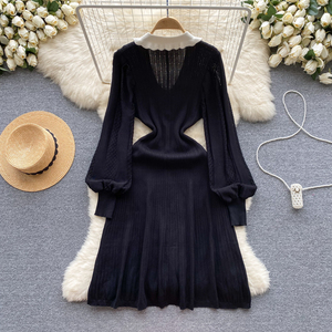 Kleines Duftkleid für Damen, Herbst-Winter, Reverskragen, Laternenärmel-Design, <span class=keywords><strong>Super</strong></span> Feenhaftes Langes Kleid - Product Image 6