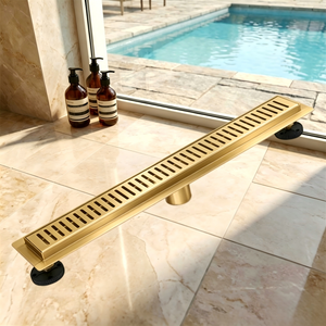 Sifone doccia lineare <span class=keywords><strong>in</strong></span> acciaio inox 304 color oro spazzolato con flangia, anti-odore, per bagno, cucina e uso esterno, OEM ODM - Product Image 2