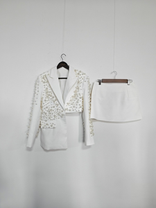 A10902 शरद फ्रेंच सुरुचिपूर्ण ठोस रंग महिलाओं के सूट सेट भारी बेडेड ब्लेज़र टॉप सीधे-लाइन स्कर्ट - Product Image 2