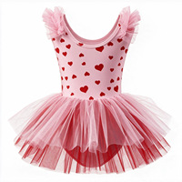 Tutu de ballet à motif cœur imprimé numériquement pour enfants, avec manches courtes et nœud en tulle, robe de danse une pièce en polyester et élasthanne