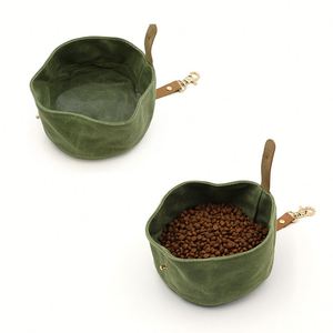 Stocked Waxed Canvas Foldable Pet Portable Water <b>Container</b> Travel Dog <b>Cat</b> Feeding Bowl With Carabiner - Product Image 1