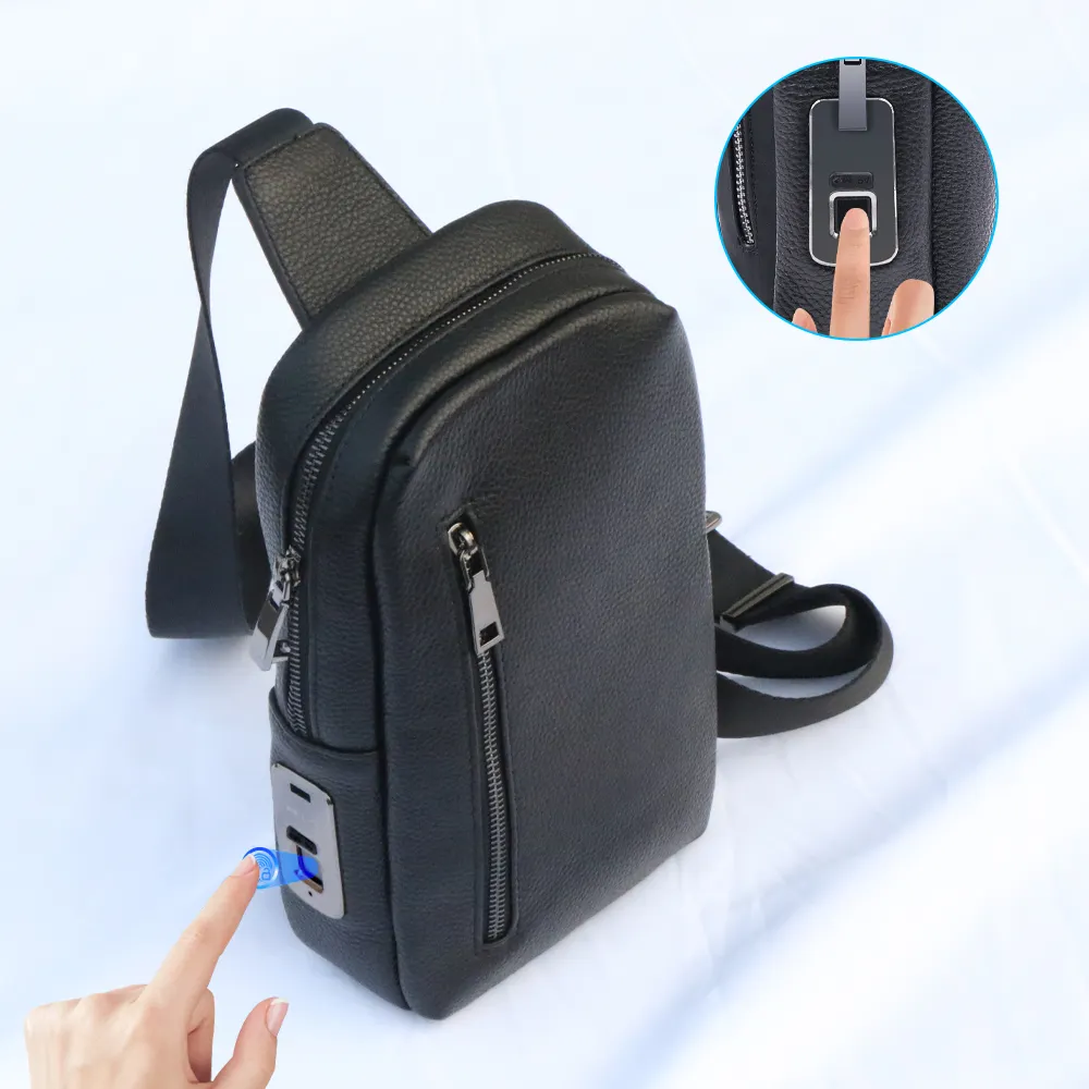 Fingerprint Lock Men's Genuine Leather Chest Bags Smart System Anti-theft Single Shoulder Travel Cross Bag