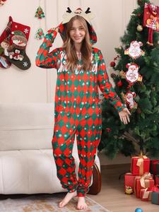 Pijamas navideños con capucha a juego para la familia, mono de manga larga con estampado a cuadros navideños para adultos - Product Image 2