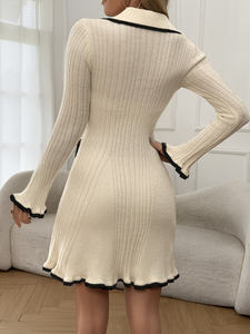 Abito a trapezio con orlo a balze e blocchi di colore |   Elegante Casual con Bottoni Frontali, Maniche Lunghe, Vita Naturale, Tessuto a Costine Lavorato a Maglia per Donna - Product Image 5