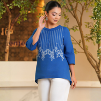 Blus Wanita Premium Berkualitas Tinggi, Kasual, Bahan Linen Biru Bordir, Lengan Tiga Perempat, Kancing Setengah