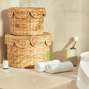 Cesta de almacenamiento de jacinto de agua festoneada tejida para organización del hogar, almacenamiento hecho a mano, cesta de ropa hecha en Vietnam - Product Image 4