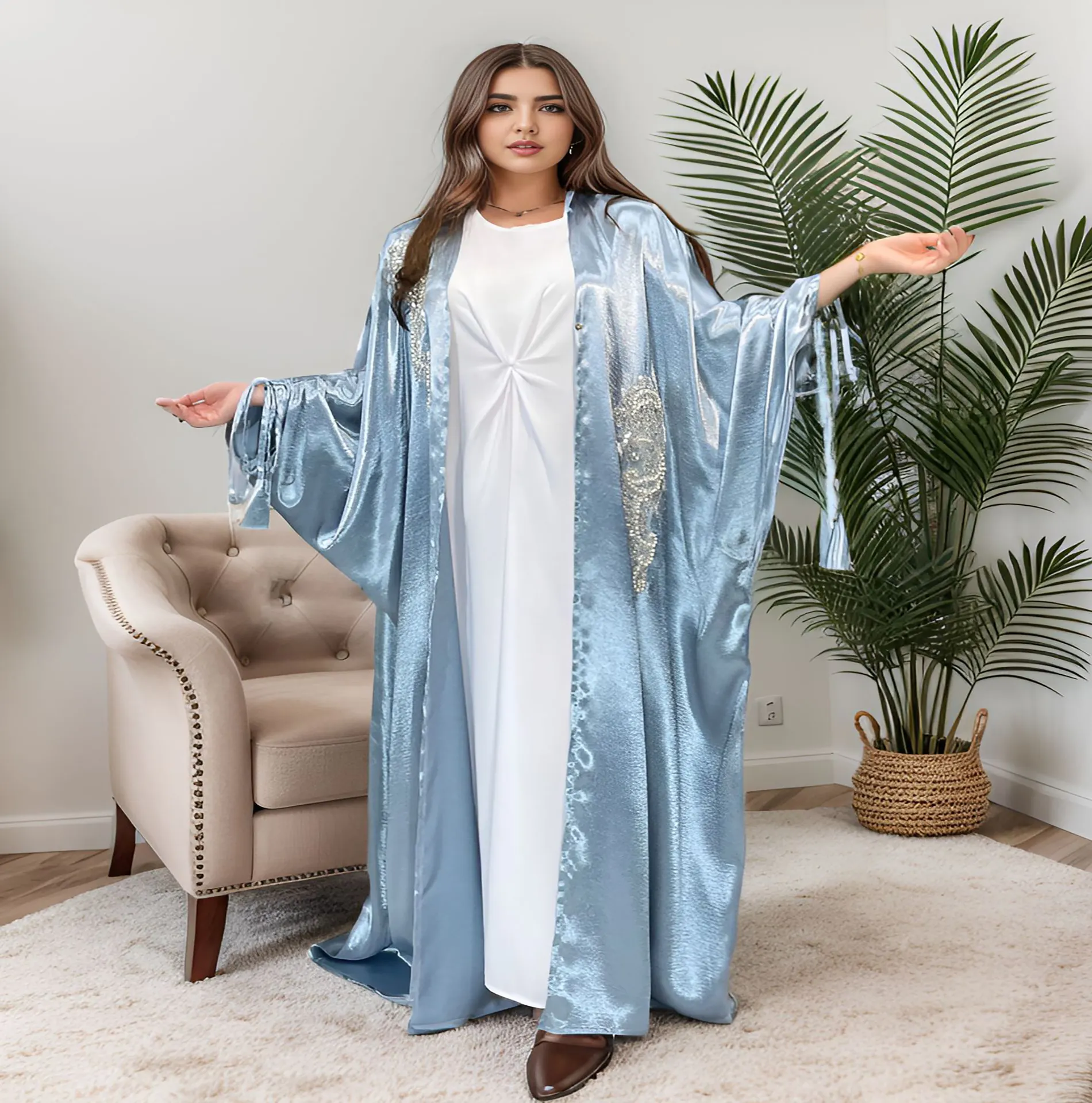 Arabie saoudite Abaya Designs 2024 Robe Femme vêtements islamiques pour femmes robe ouverte caftan 2 pièces Satin Abaya ensemble
