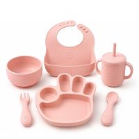 Kit de Vaisselle pour Bébé en Silicone, Assiette à Ventouse, Bol, Tasse, Bavoir, Cuillère, Fourchette, Sans BPA, Qualité Alimentaire, Vente en Gros Usine