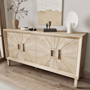 Premium Rustic American Farmhouse Credenza 60 In Sunburst <b>Door</b> Design Heavy Duty Antique Wood TV <b>Stand</b> - Product Image 2