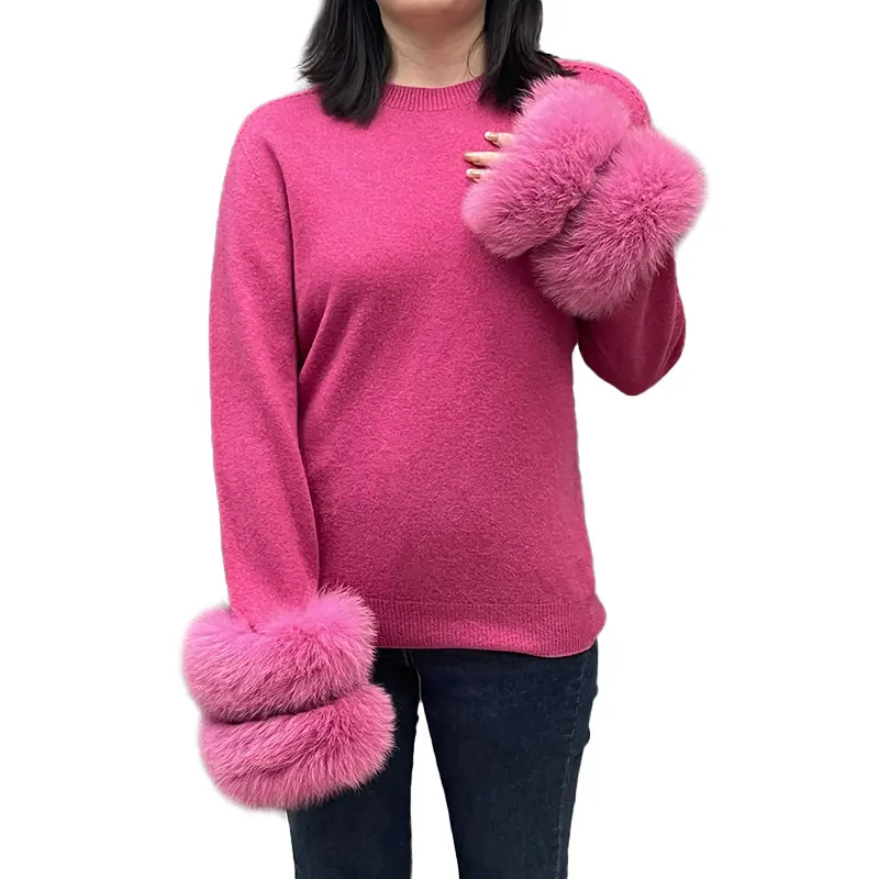 秋冬ローネック取り外し可能な本物のキツネの毛皮の袖口プルオーバー女性の毛皮の優しいセーター