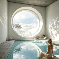 Fenêtre fixe ronde en aluminium de style Porte de Lune, pour pavillon de jardin chinois classique, avec cadre en bambou et verre trempé offrant une vue.