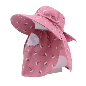 Topi selendang wanita, dengan pelindung wajah topi ember bunga katun untuk wanita musim panas
