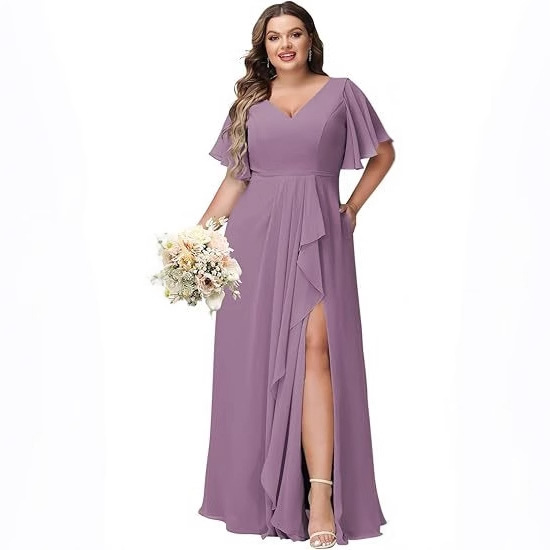 bridesmaid dresses for short chubby ladies Large Size Evening Dress Girl Slimming V-neck Chiffon Empire Waist Floor-Length A-Line Split Dress Wedding in padding for added LowStock:39335744897075 Orange Tulle V-neck Prom Color:Multi/Rose Gold