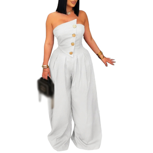 Combinaison de sport et de fitness pour femme, sans bretelles, coupe oversize, sans manches, avec boutons, jambe large, tendance et distinctive - Product Image 1