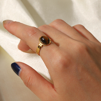 Edelstahl 18 Karat vergoldet breit verstellbar Schmuck Charm Oval Tiger Eye Stone Öffnungs ringe