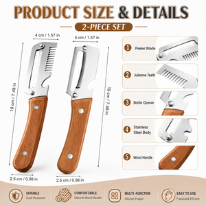 Lot de 2 <span class=keywords><strong>éplucheur</strong></span>s de légumes multifonctions en gros avec manche en bois et coupe-juliennes en acier inoxydable - Product Image 6