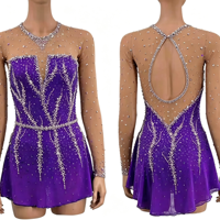 Robe de patinage artistique violette pour filles, justaucorps à manches longues en maille orné de strass et de cristaux, avec découpe en forme de larme au dos, pour la compétition