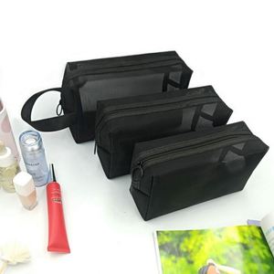 Sac de maquillage en maille carrée à fermeture éclair, décontracté et tendance, sac de voyage portable avec poignée, vente en gros - Product Image 4