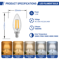 Ampoule LED à filament transparent B11 5,5W E12, 2700K, dimmable, CRI90, pour la décoration de la maison, des hôtels et des villas, vente en gros d'usine