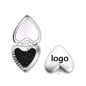 Customized Logo Printed Pocket Compact Folding Brush with Mirror Heart Foldable Portable Hair Brush with Keychain Cute Bag Charm