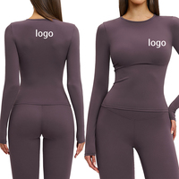 Haut de yoga à manches longues brossé pour femme avec logo personnalisé, col rond, ajusté, anti-humidité, pour la gym, la course et le fitness