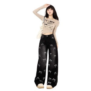 <span class=keywords><strong>Jean</strong></span> pour <span class=keywords><strong>femme</strong></span> <span class=keywords><strong>noir</strong></span> à motif nœud, design unique, coupe ample et droite, style mode, pour début d'automne - Product Image 5