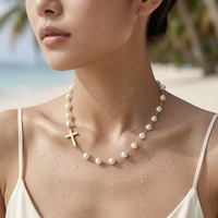 Collier pour pull en acier inoxydable 18K avec pendentif croix et chaîne de clavicule perlée