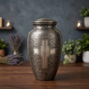 Urna Funeraria de Metal Estilo Europeo, Recuerdo para Cenizas de Cremación, Florero Conmemorativo con Cruz para Tumba de Mascotas, Decoración para Cementerio, Artesanía India para el Hogar - Product Image 1