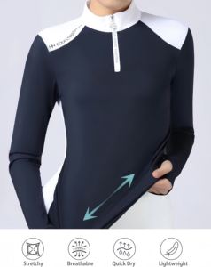 Camisa de Equitación para Mujer, Estilo Ecuestre, Hombros con Costuras, Manga Larga, Orificios para Pulgares, Bloques de Color, Cuello Alto, Spandex, Nailon - Product Image 3