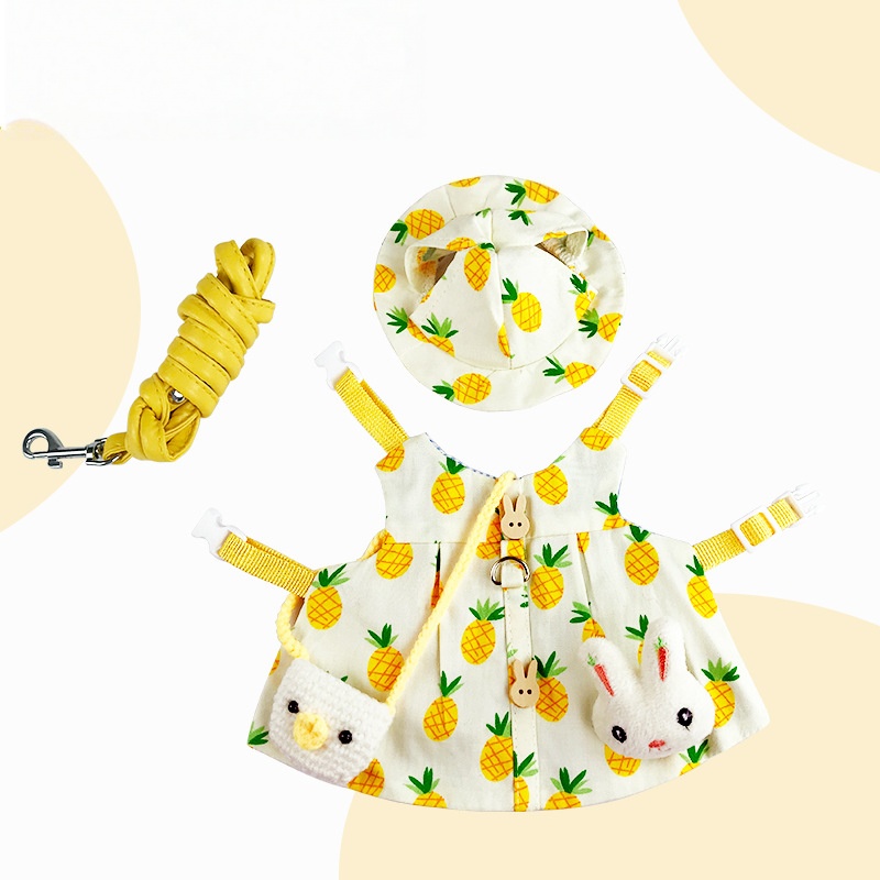 Ensemble harnais, laisse et chapeau à motif ananas jaune.