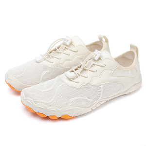 Breathable Mesh Barefoot Casual Shoes Auto Fastening Shoelace Sandals Contrast <b>Orange</b> Sole Walking Shoes Suitable For Waterside - Product Image 1