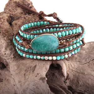 Pulseira com pedras naturais, joias feitas à mão de pedras naturais mistas/cristal, lago, azul, roxo, secamento, jasper, 5 fios, bracelete envoltório