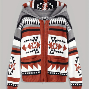 Maglione con cappuccio da <span class=keywords><strong>donna</strong></span> con cerniera e tasche con cerniera in maglia 2025 stile azteco Vintage personalizzato con tasche - Product Image 1
