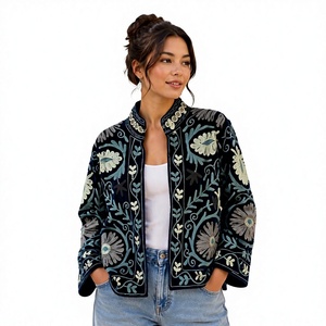 OEM Factory Custom Vintage Floral Embroidery <b>Velvet</b> Suzani <b>Jacket</b> Coat <b>Women</b> Mandarin Collar Full Sleeve Autumn Outerwear - Product Image 1