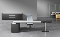 Bureau de direction contemporain avec table d'extension ronde en verre réglable en hauteur
