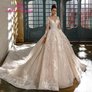 Aster garden Ball Gown Wedding Dress 2021 Long Sleeve Beaded Appliques Lace Up Princess Cathedral Bride Gowns Vestido De Novia
