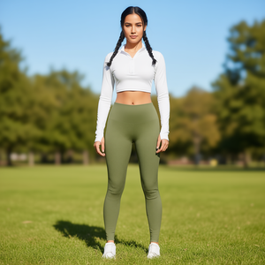 Women's High Waist <b>Olive</b> <b>Green</b> Solid Color Textured Seamless Yoga <b>Leggings</b> Full Length Spandex Fitness Wear LJ Brand H036-<b>Green</b> - Product Image 2